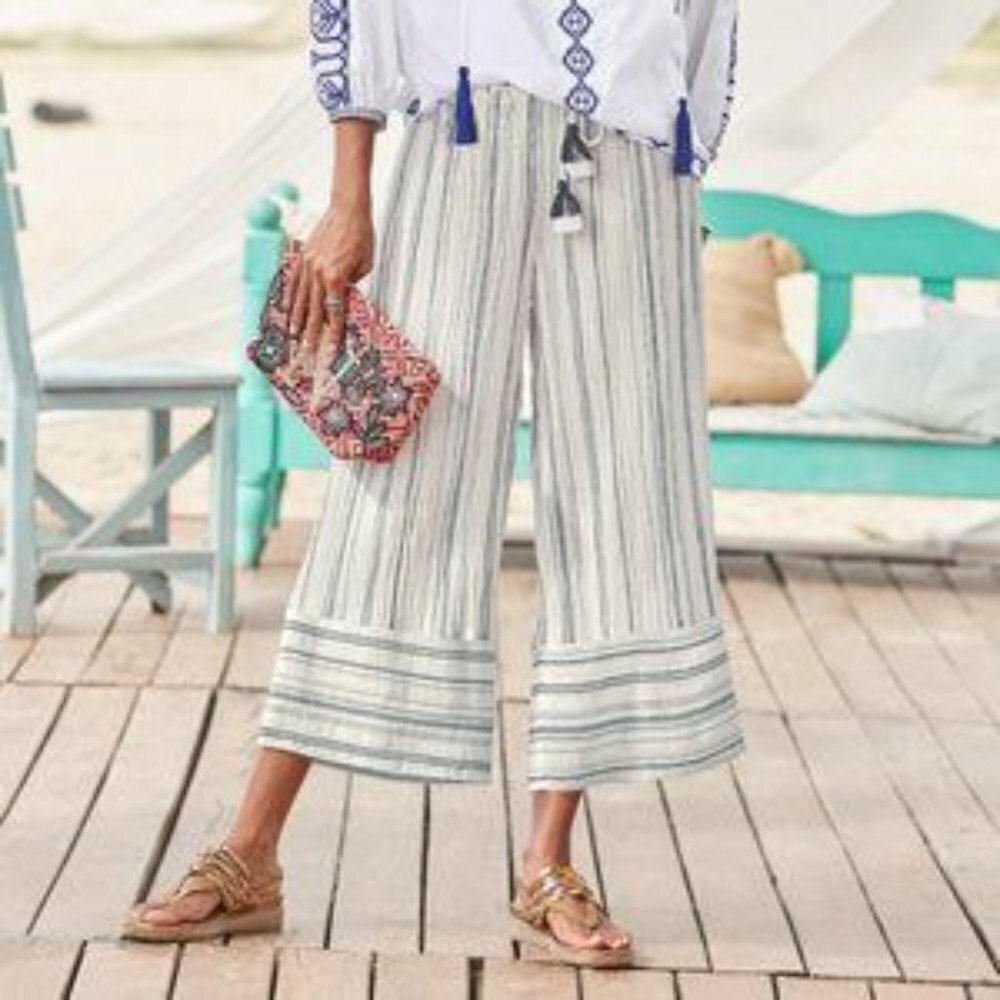 Sundance Salty Breeze Laila Wide Leg Cropped Cotton Beachy Boho Striped Pants